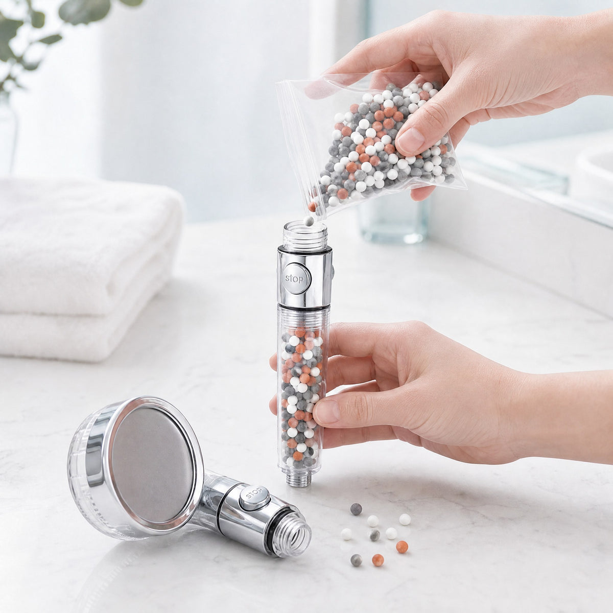 Recharge billes minérales pour pommeau de douche – changement de la recharge
