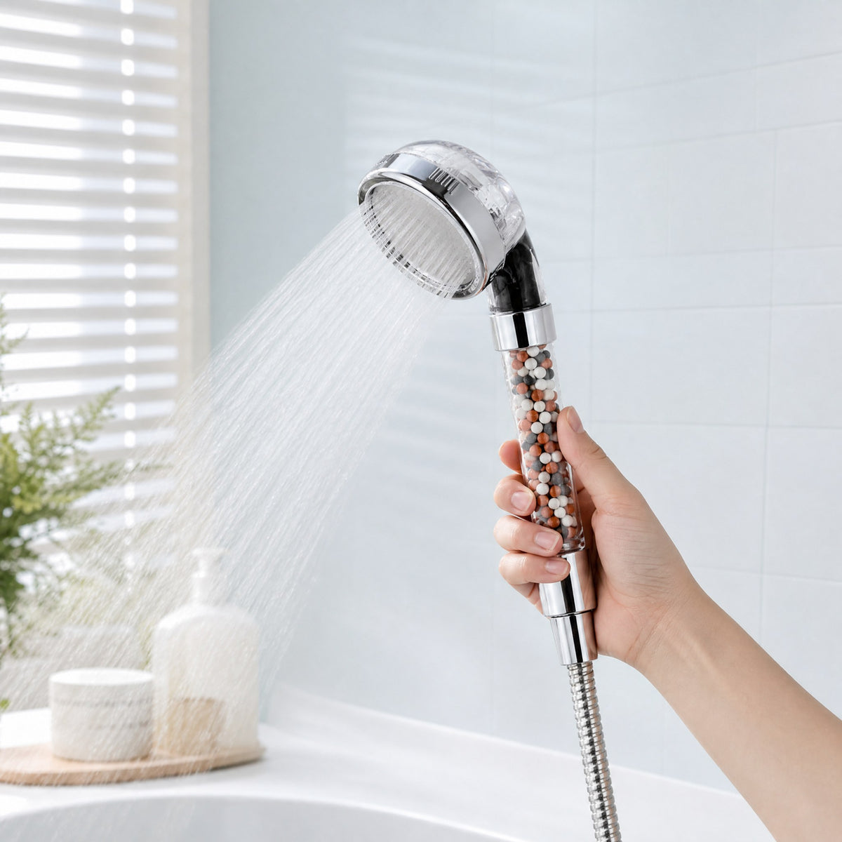 Recharge billes minérales pour pommeau de douche – en situation sous la douche